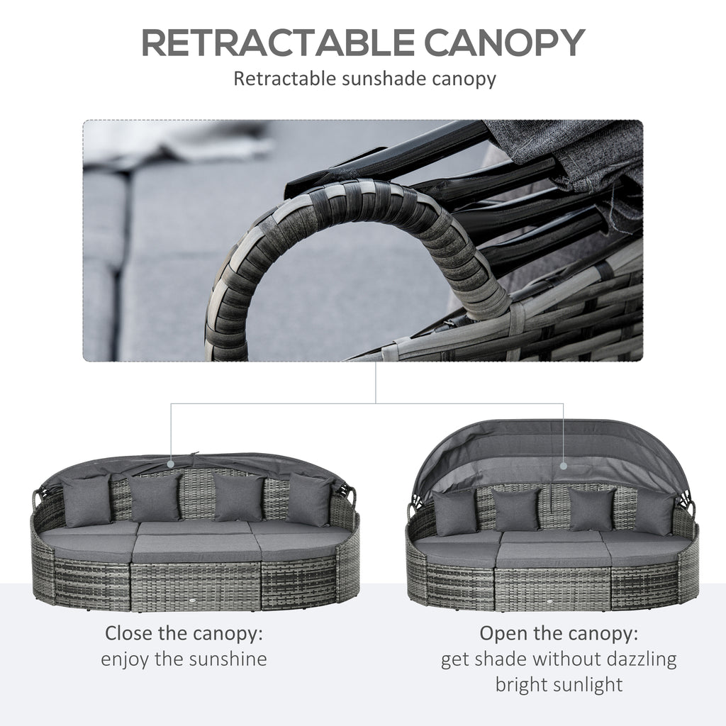 4 Pieces Patio PE Wicker Round Daybed, Outdoor Rattan Garden Lounge Furniture Sets, Grey