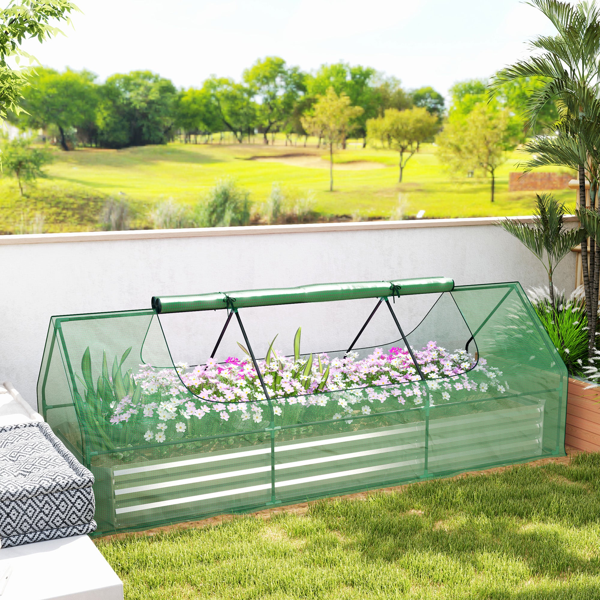 8.6 x 3 x 1ft Raised Garden Bed with Mini Greenhouse, Galvanized Raised Garden Bed with Cover for Herbs and Vegetables, Small Greenhouse for Patio Garden Balcony, Green
