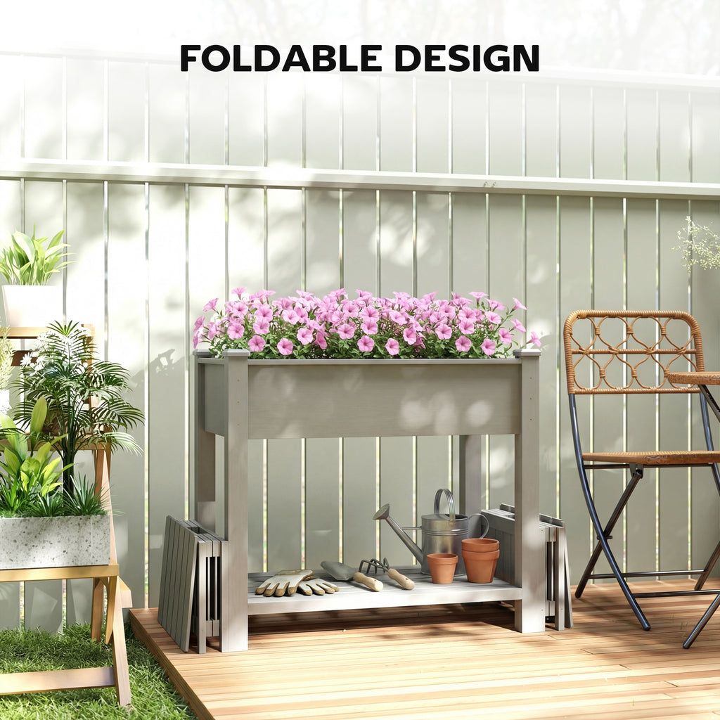 Wooden Raised Garden Bed with 2 Foldable Side Pots, Raised Planter with Storage Shelf and Drainage Holes