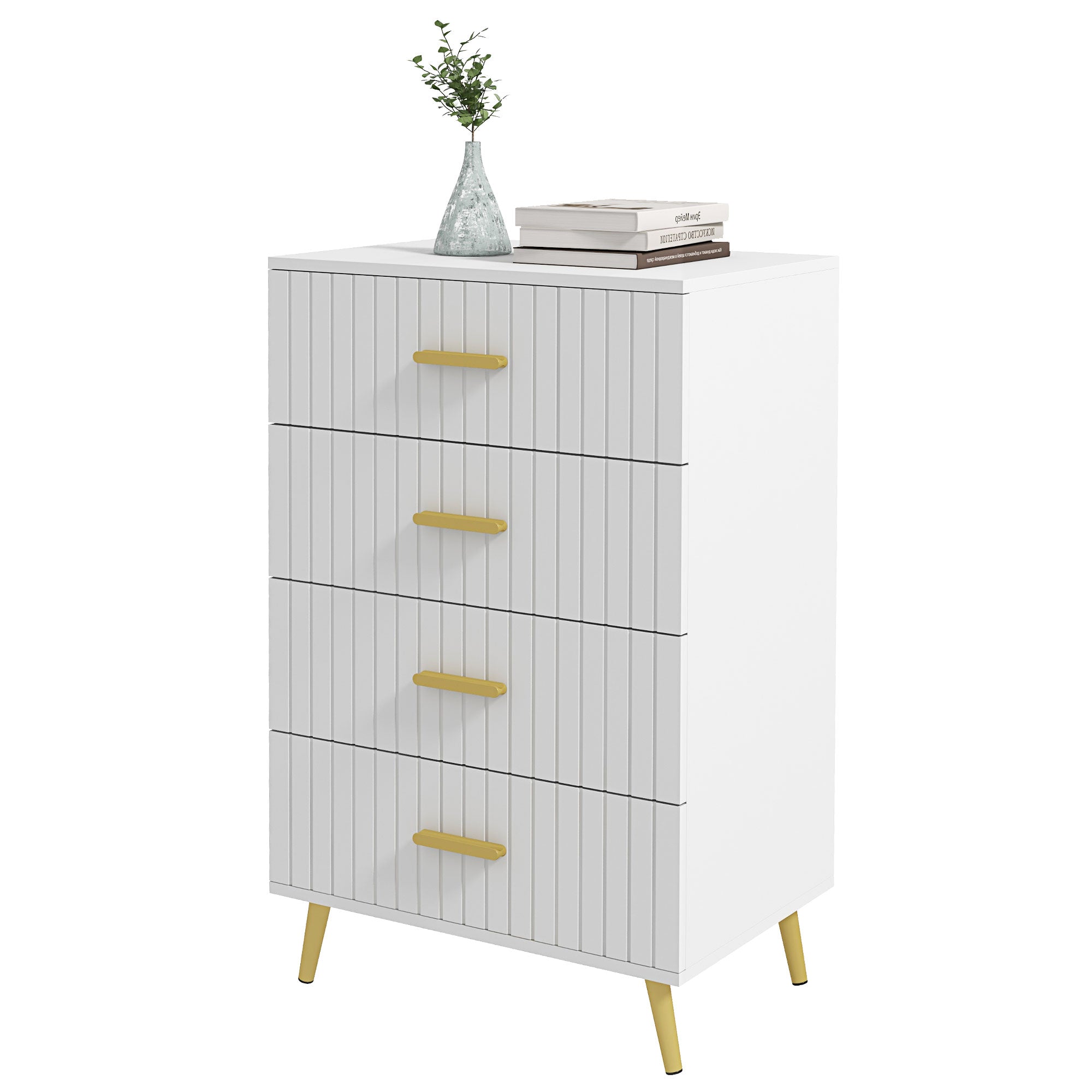4 Drawer Cabinet, Drawer Chest for Bedroom, Chest of Drawers with Aluminium Legs and Gold Handles, White