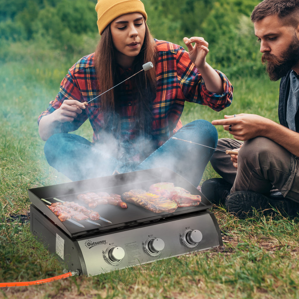 3 Burner Liquefied Gas Grill, Portable Tabletop BBQ Grill, for Camping, Picnic, Silver