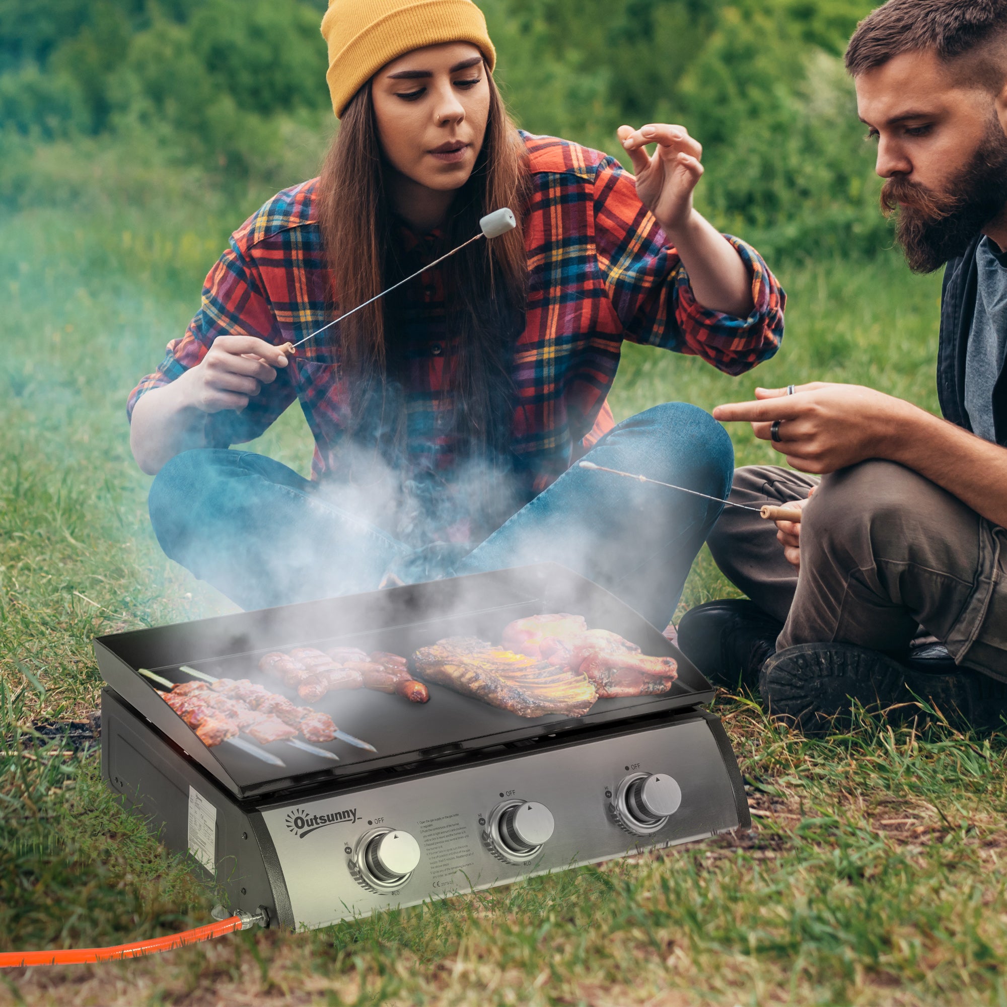3 Burner Liquefied Gas Grill, Portable Tabletop BBQ Grill, for Camping, Picnic, Silver