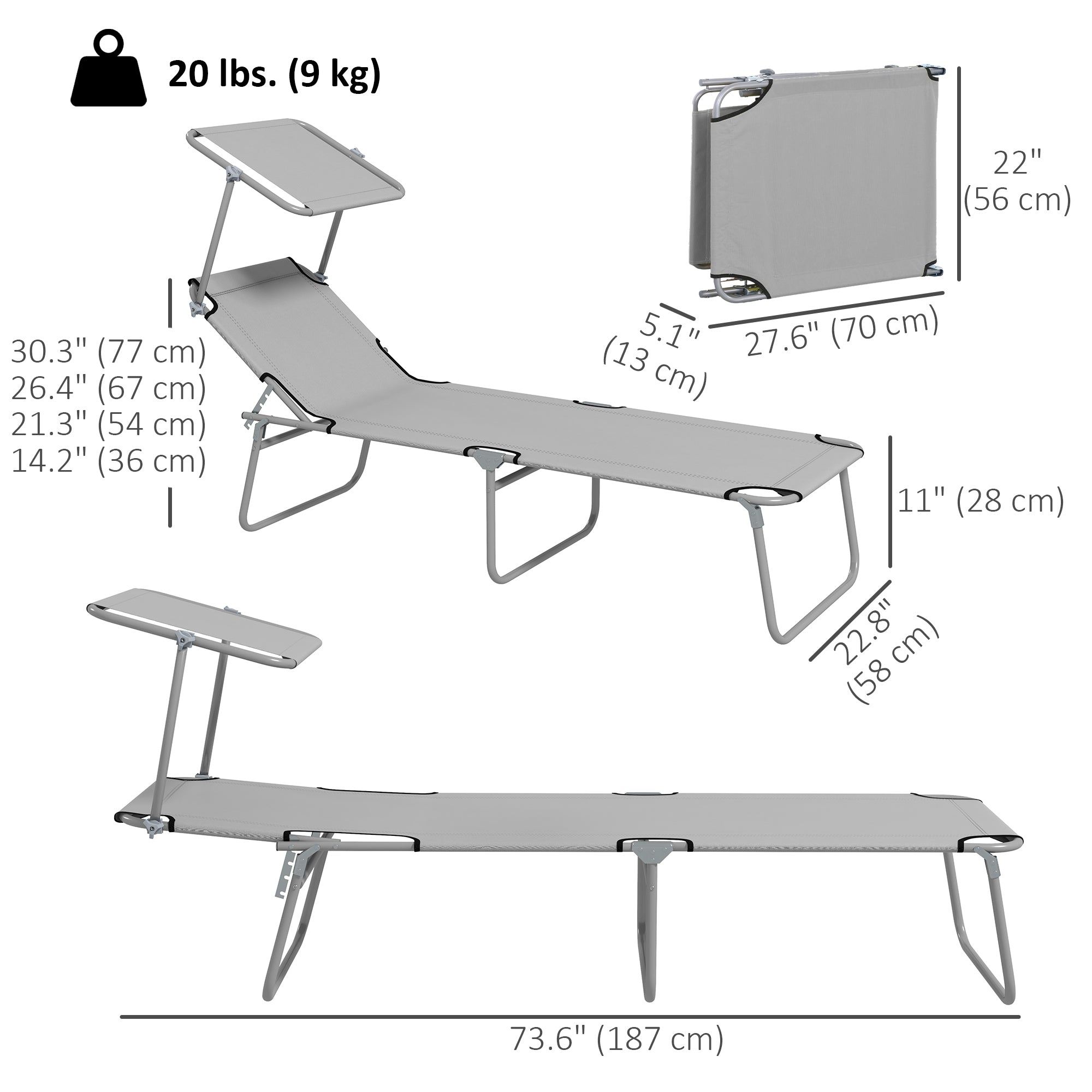 2Pcs Outdoor Lounge Chair, Adjustable Folding Chaise Lounge with Sun Shade for Beach, Camping, Hiking, Light Grey