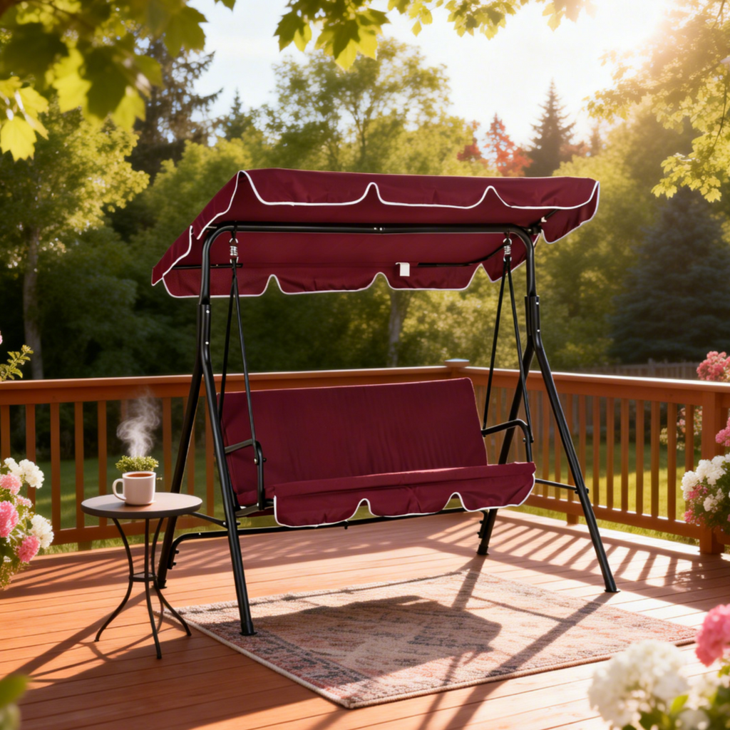 3-Seater Outdoor Swing with Adjustable Canopy, Patio Swing Chair for Garden, Poolside, Backyard, Wine Red