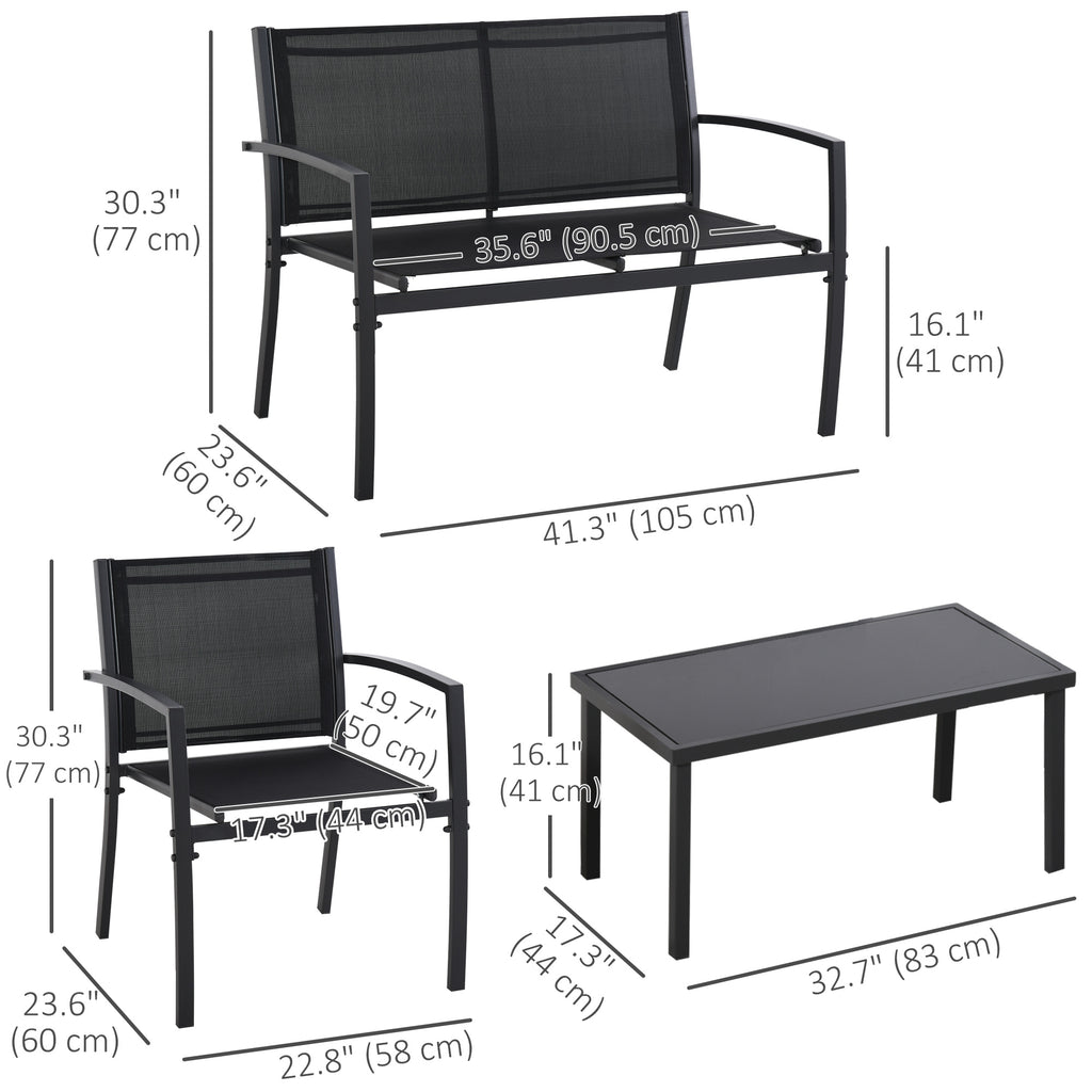 4-Piece Patio Furniture Set with Glass Top Coffee Table, Breathable Mesh Seat & Backrest for Garden, Balcony, Black